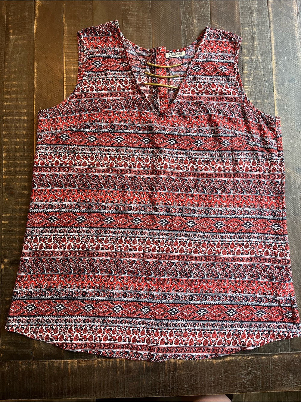 Bohemian Red White Blue Floral Women’s Tank Top Bronze Metal Neck Zippered  Back